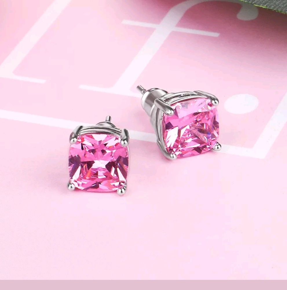 925 Princess Cut Pink Topaz Stud Earrings
